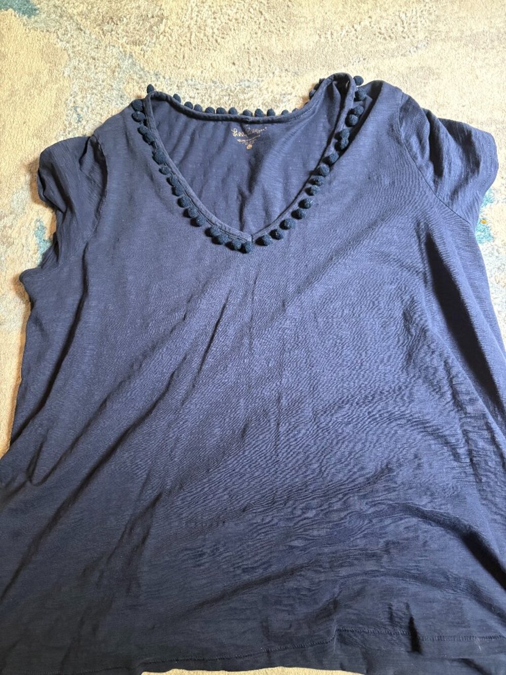 Lilly Pulitzer Etta Pom Pom Navy Blue Short Sleeve Top V-neck Size XLarge